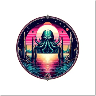 Retro Wave Awakening: Cthulhu's Resurgence from R'lyeh Posters and Art